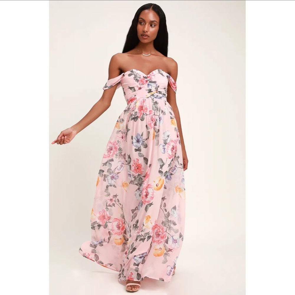Lulu’s Harmonious Love Blush Floral Print Off-the-Shoulder Maxi Roses Pink Dress